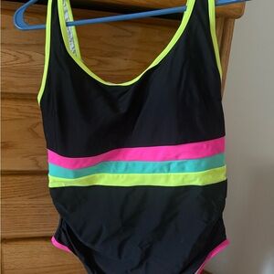 Black One-Piece Swimsuit with Neon Pink, Aqua and Lime Stripe Accents